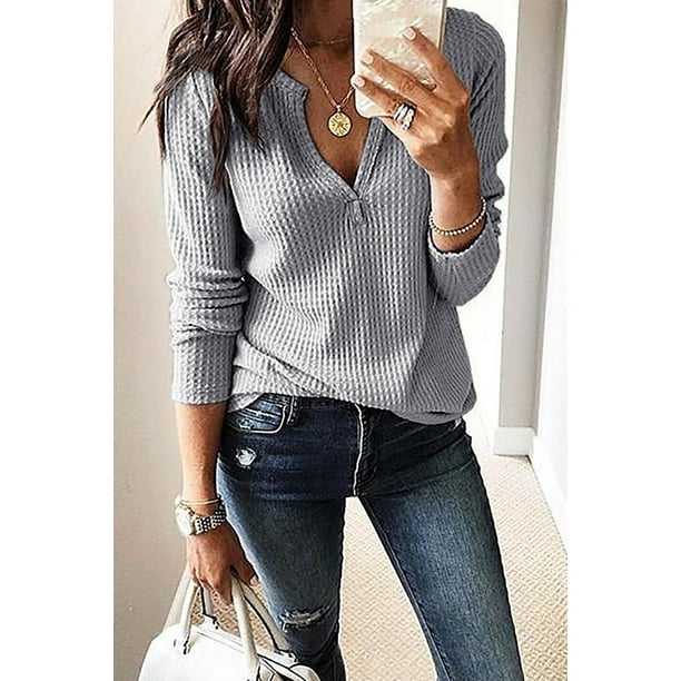 YYG Women T-Shirt Long Sleeve Waffler Knit Blouse Autumn Winter Loose V Neck Top YYG Women T-Shirt Long Sleeve Waffler Knit Blouse Autumn Winter Loose V Neck Top